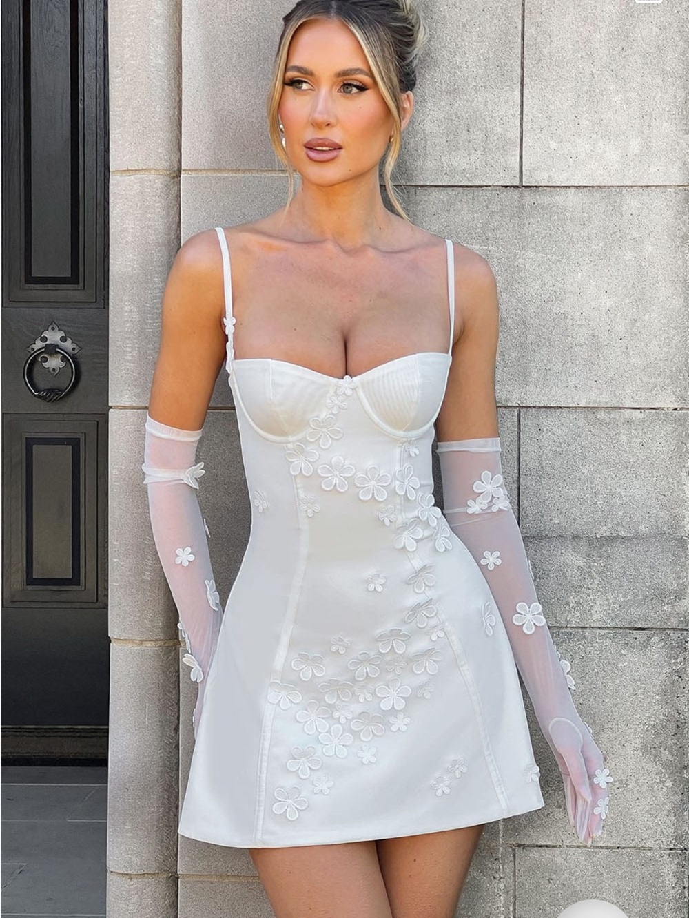 BabyBoo Dalary White Floral Appliqué Mini Dress - Ivory (gloves not included)